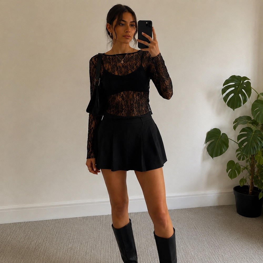 Cotton On Black Floral Lace Sheer Long Sleeve Mesh Top Womens Large L 2056568